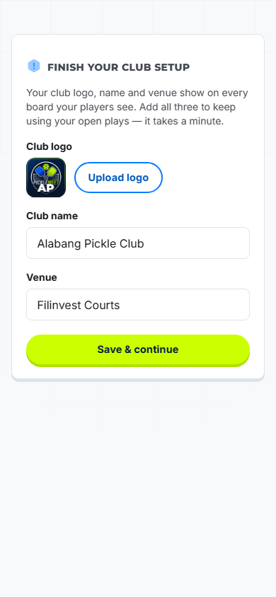 Organizer account and club setup
