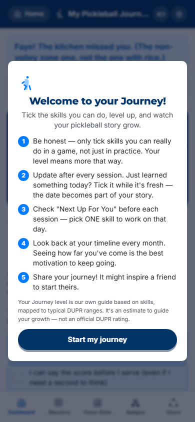 My Pickleball Journey badges and missions