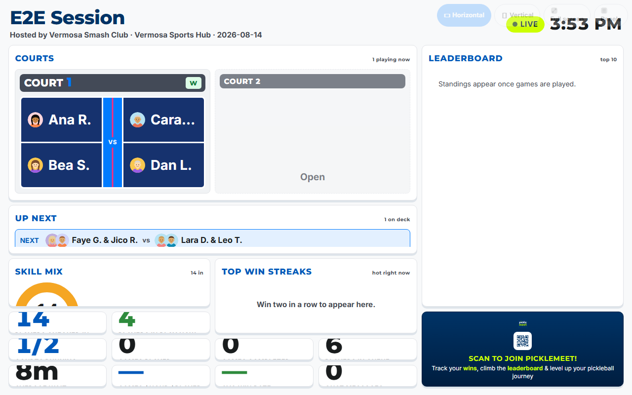 PickleMeet TV liveboard on a big screen